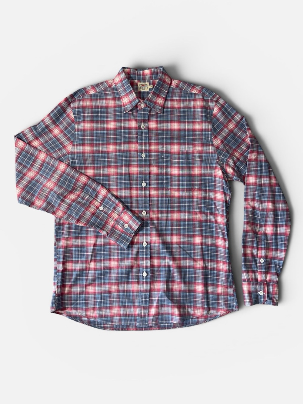 Faherty mens L Large blue pink plaid cotton blend button up casual shirt EUC
